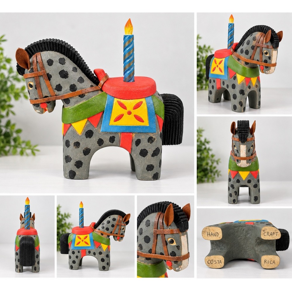 Handcrafted Costa Rica Wooden Horse Figurine Hand Painted Folk Art Grey Spotted